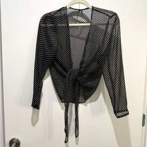 vintage polka dot sheer wrap over crop top, black and white.